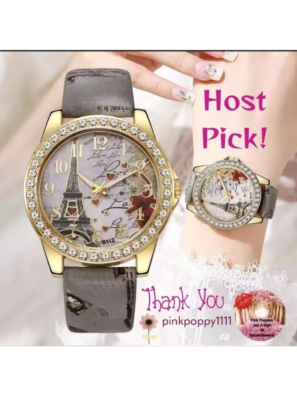 Elegant High Fashion Women’s Quartz Gold and Gray Eiffel Tower Love Watch Grey